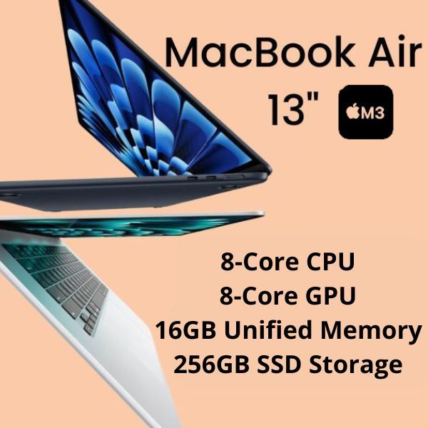 MacBook Air 13-inch: Apple M3 chip with 8-core CPU and 8-core GPU, 16GB, 256GB SSD