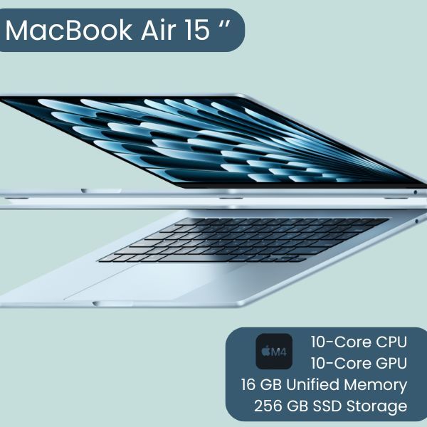 Macbook Air 15-inch: Apple M4 chip with 10-core CPU and 10-core GPU, 16GB, 256GB SSD