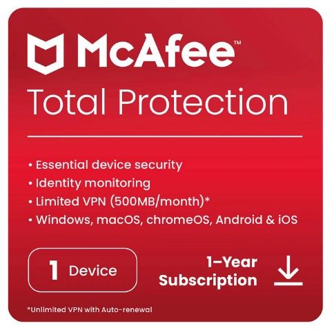 McAfee Total Protection 1 Device 1-Year Subscription - DIGITAL DOWNLOAD